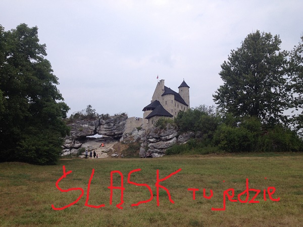 w oddali zamek w Bobolicach na Jurze Krakowsko-Częstochowskiej