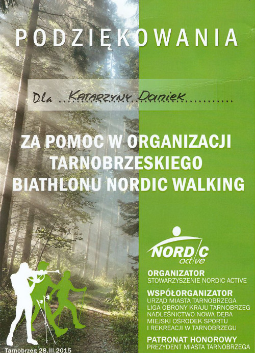 Podziękowanie za udział w organizacji Tarnobrzeskiego Biathlonu Nordic Walking