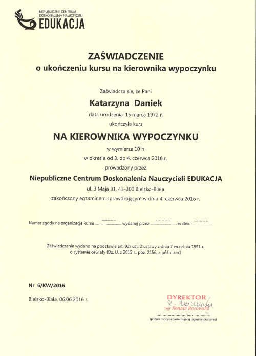 Certyfikat na Kierownika Wypoczynku