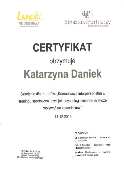 Certyfikat: komunikacja interpersonalna w treningu sportowym